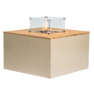 Easyfires | Table à feu Cube | Bois dur & Aluminium | Carrée beige sable | 80x80x53 cm