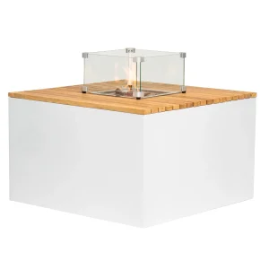 Easyfires | Table à feu Cube | Bois dur & Aluminium | Carrée blanche | 80x80x53 cm