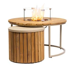 Enjoyfires | Table de feu Roundi | Teck & Aluminium sable | Ø 90 cm